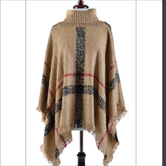 Tartan Plaid Beige Turtleneck Poncho One Size - Picture 3 of 4